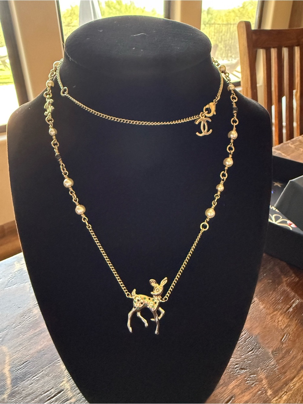 CHANEL Crystal Pearl Bambi motif Pendant Necklace with crystals Green Black Gold